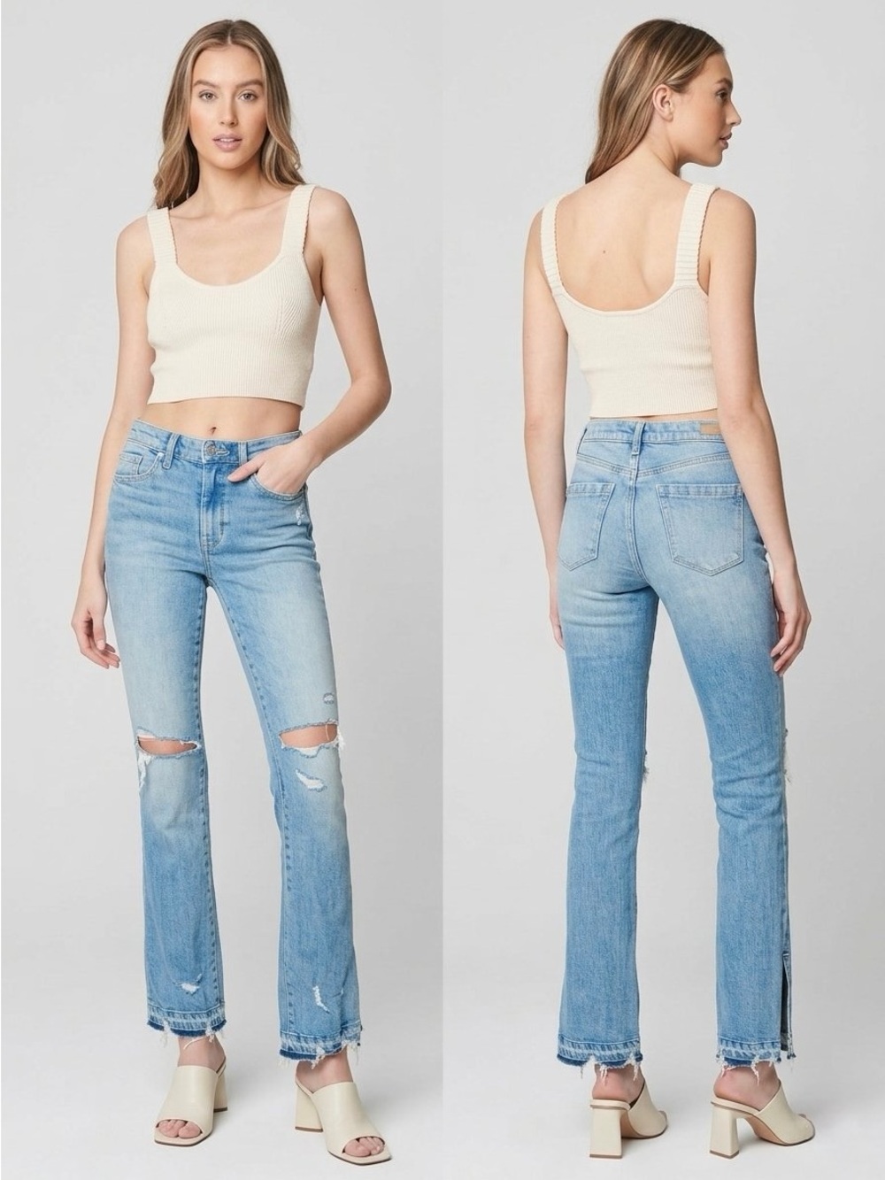 BLANKNYC The Hoyt High Rise Mini Flare Distressed Slit Jeans 30 Light 10 NWT